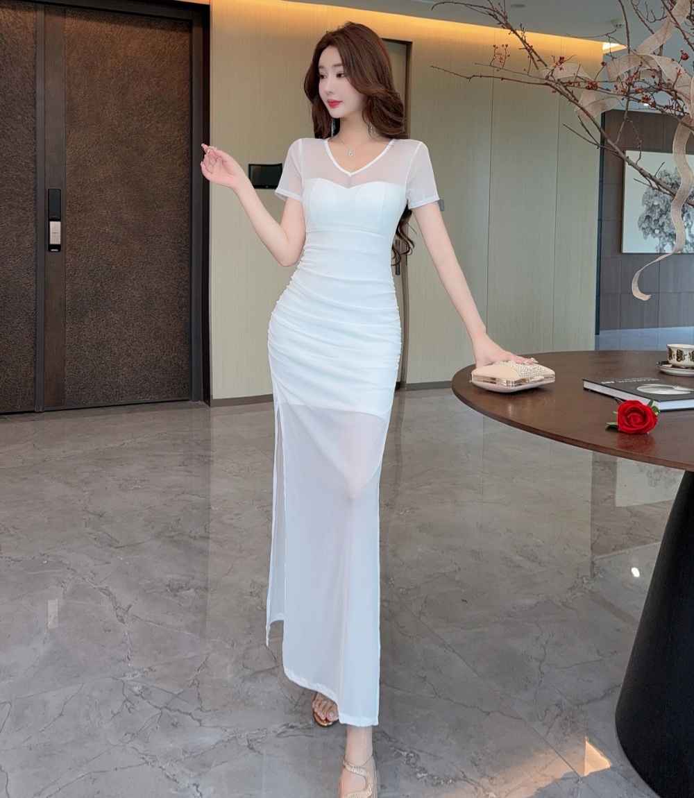 Short sleeve splice bottoming gauze sexy long dress