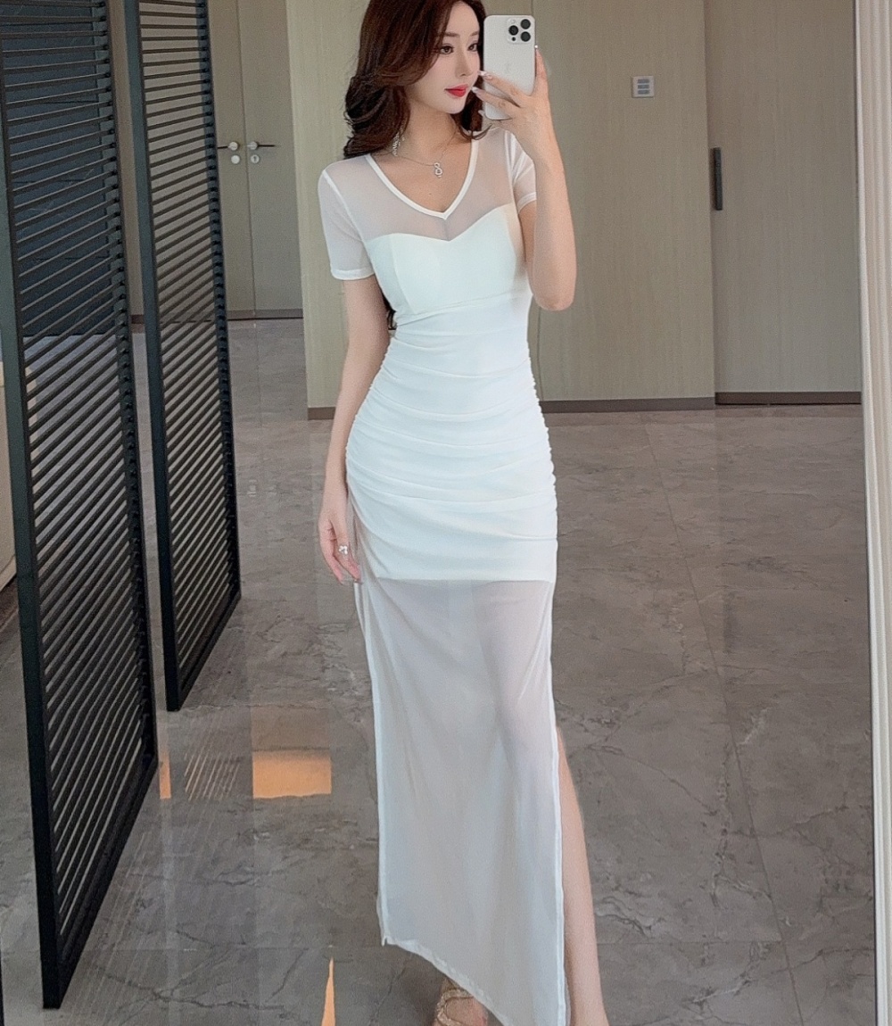 Short sleeve splice bottoming gauze sexy long dress