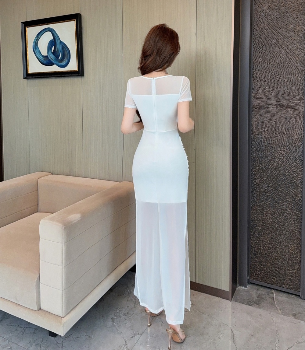 Short sleeve splice bottoming gauze sexy long dress