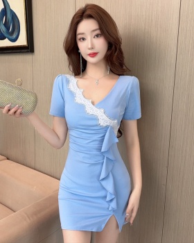 Package hip elasticity sexy V-neck cotton low-cut lace dress