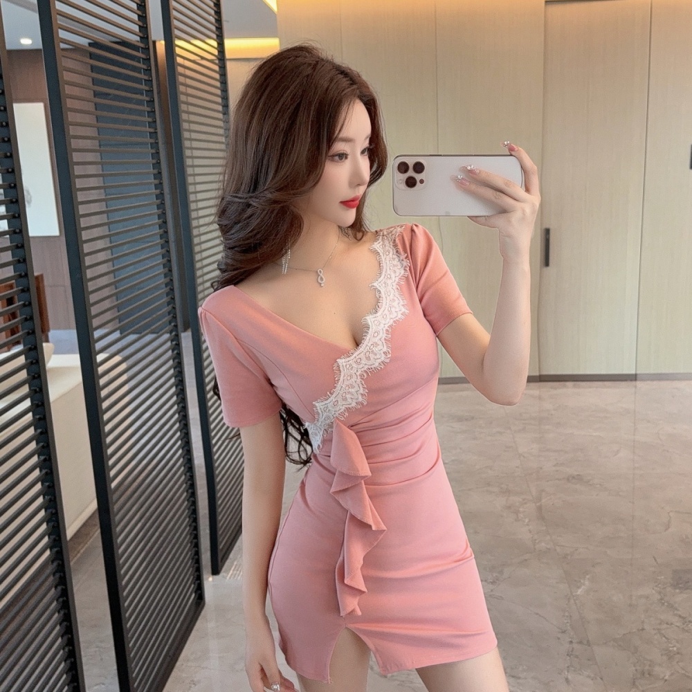 Package hip elasticity sexy V-neck cotton low-cut lace dress