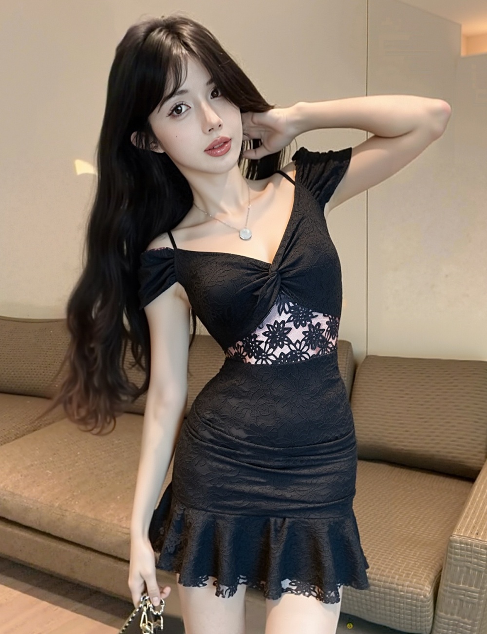 Package hip sexy bottoming short lace hollow dress
