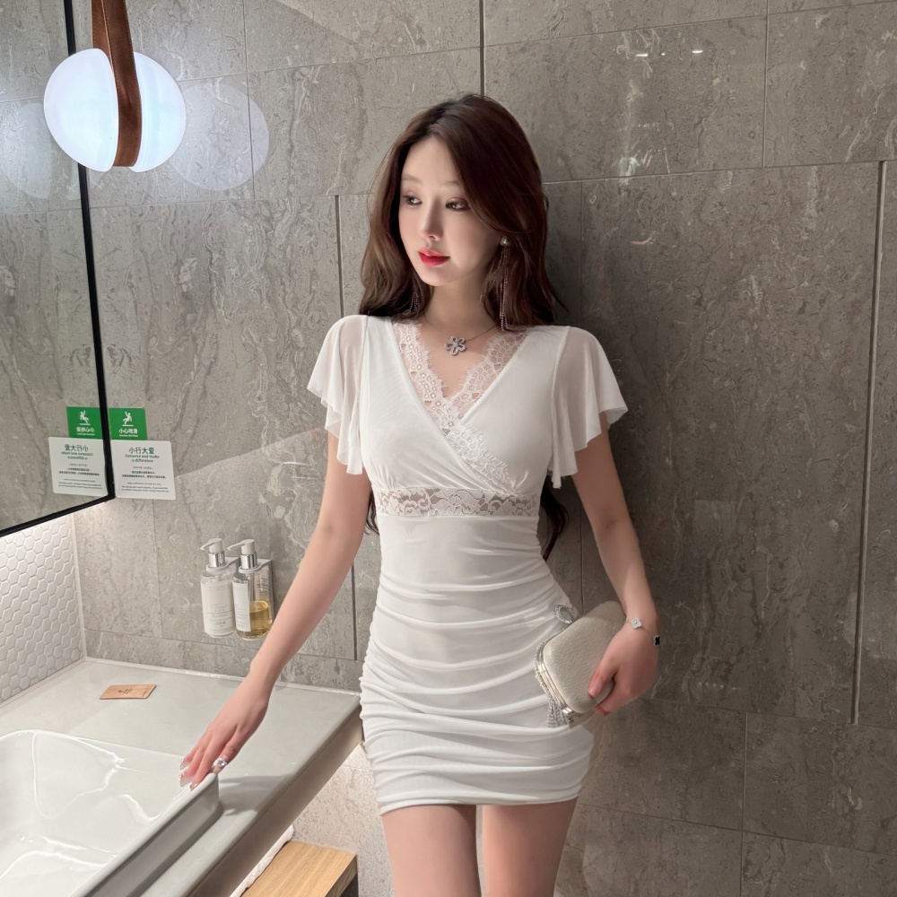 Lace sexy bottoming splice gauze package hip dress
