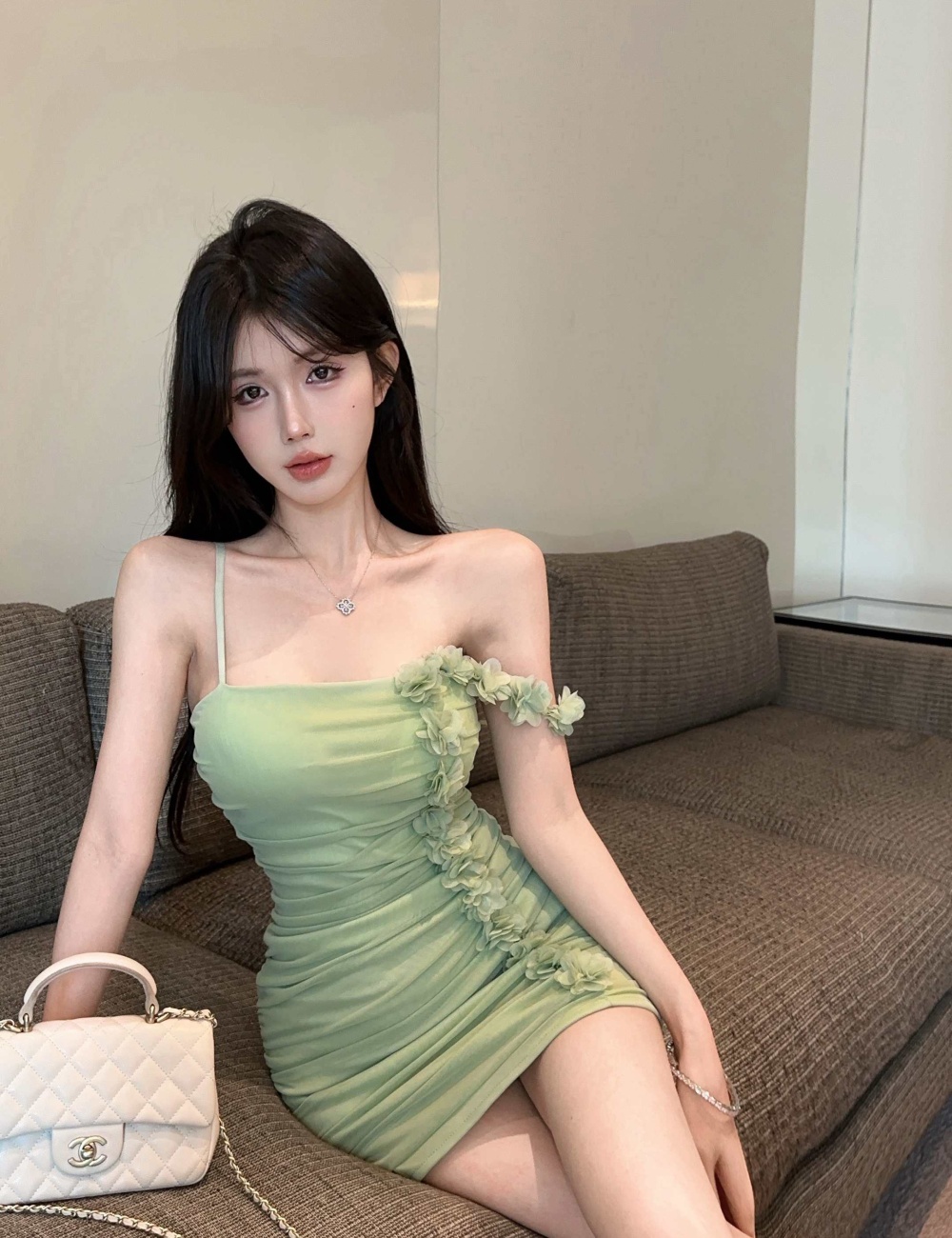 Gauze flowers splice package hip sexy tight dress