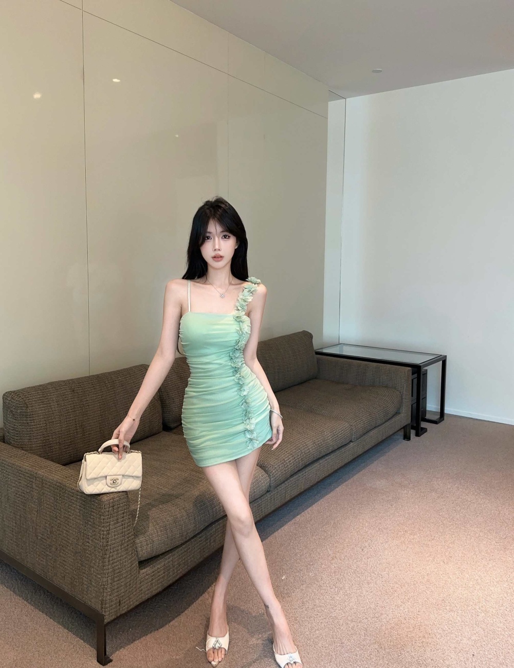 Gauze flowers splice package hip sexy tight dress