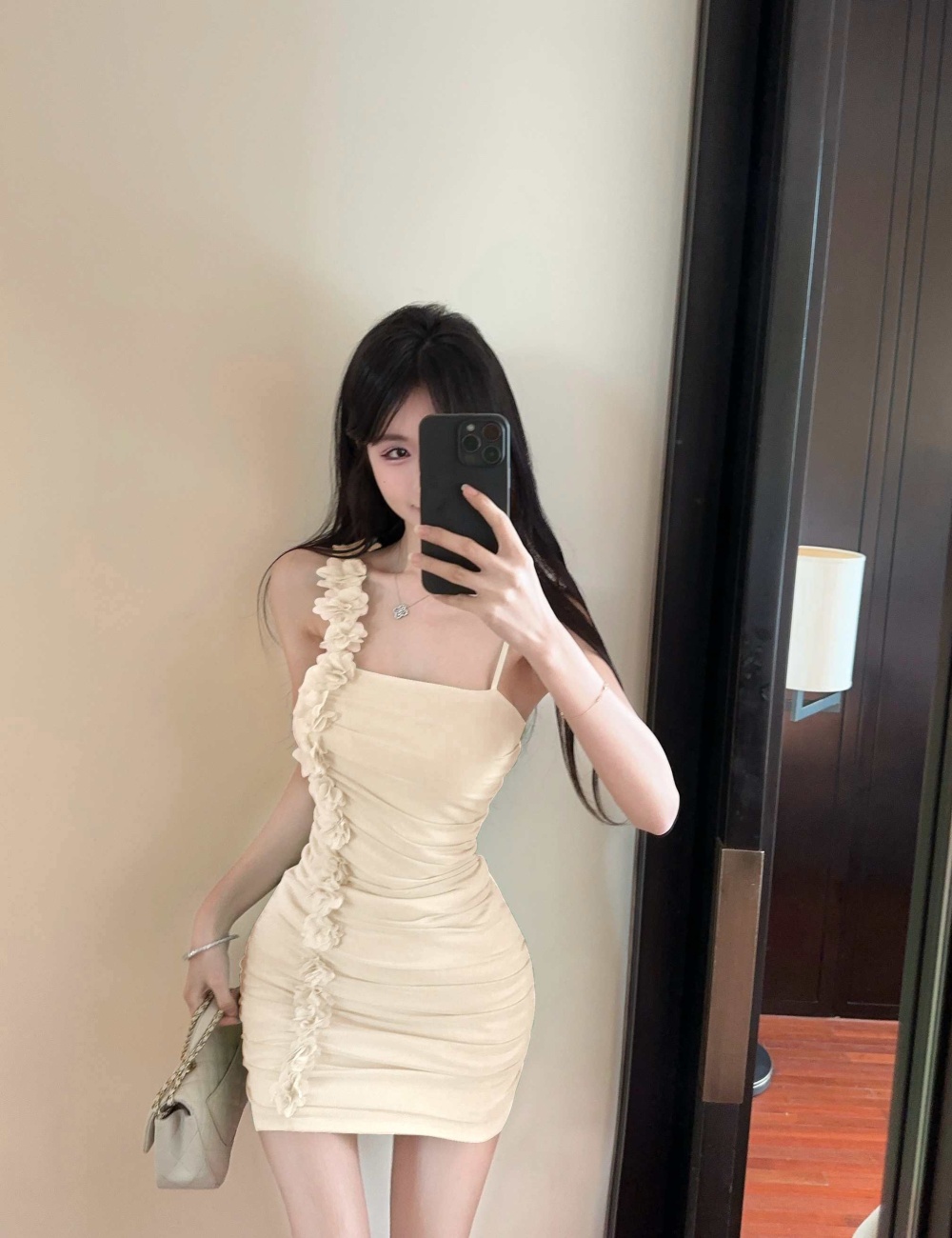 Gauze flowers splice package hip sexy tight dress