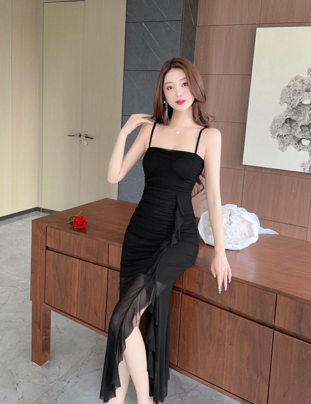Sling long sexy gauze all-match slim dress for women