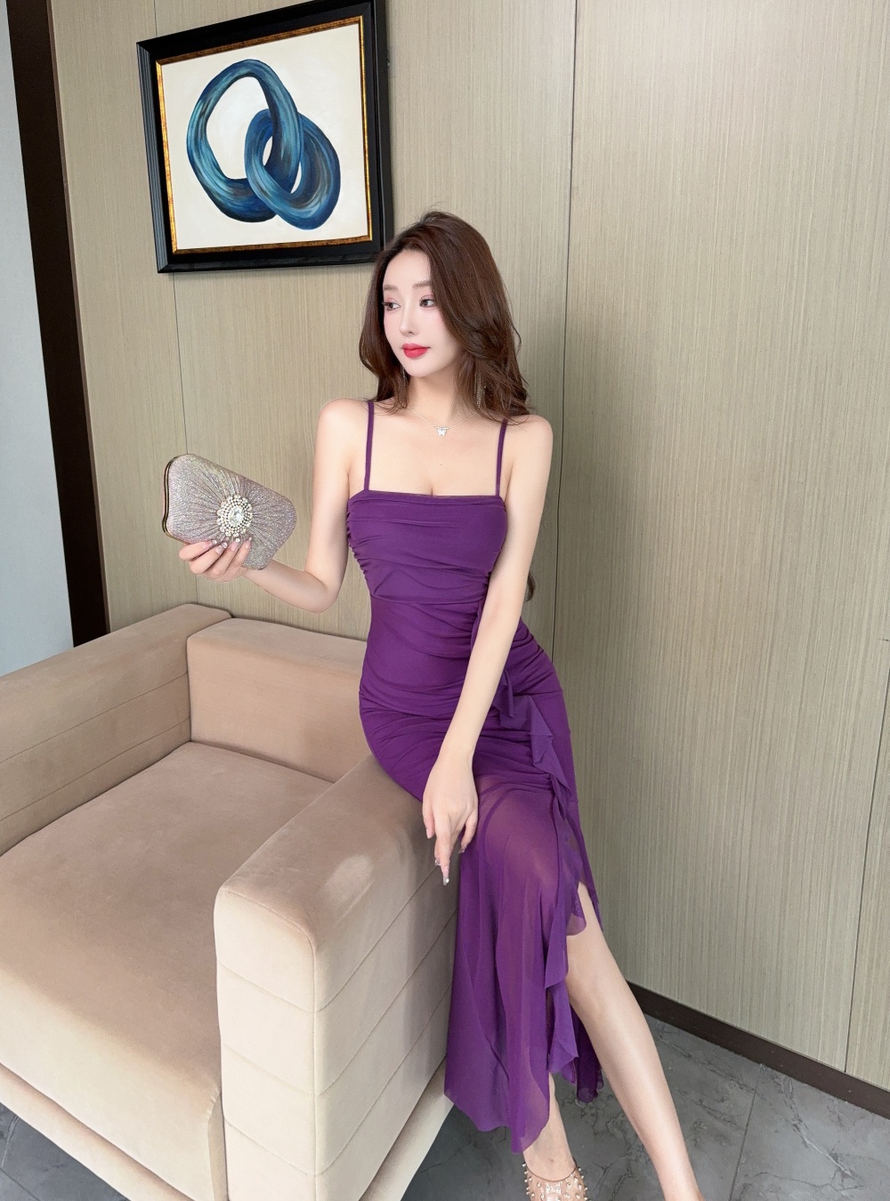 Sling long sexy gauze all-match slim dress for women