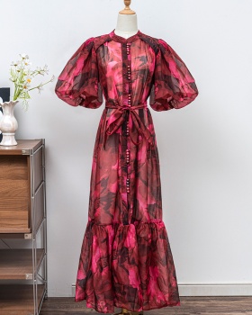 Puff sleeve all-match shirt lengthen long dress for women