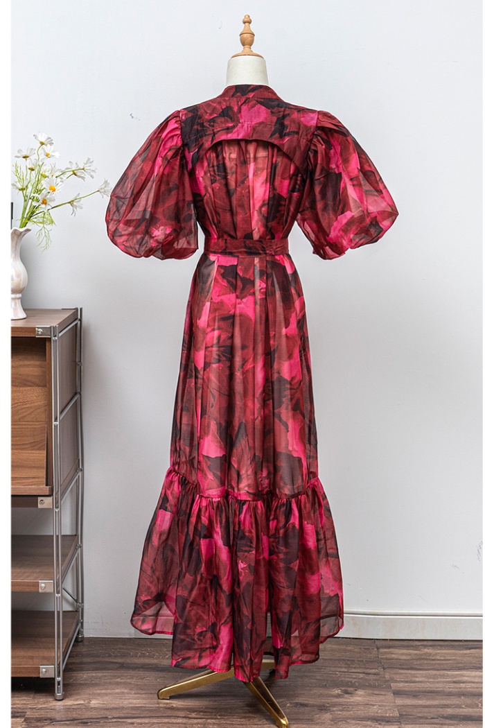 Puff sleeve all-match shirt lengthen long dress for women