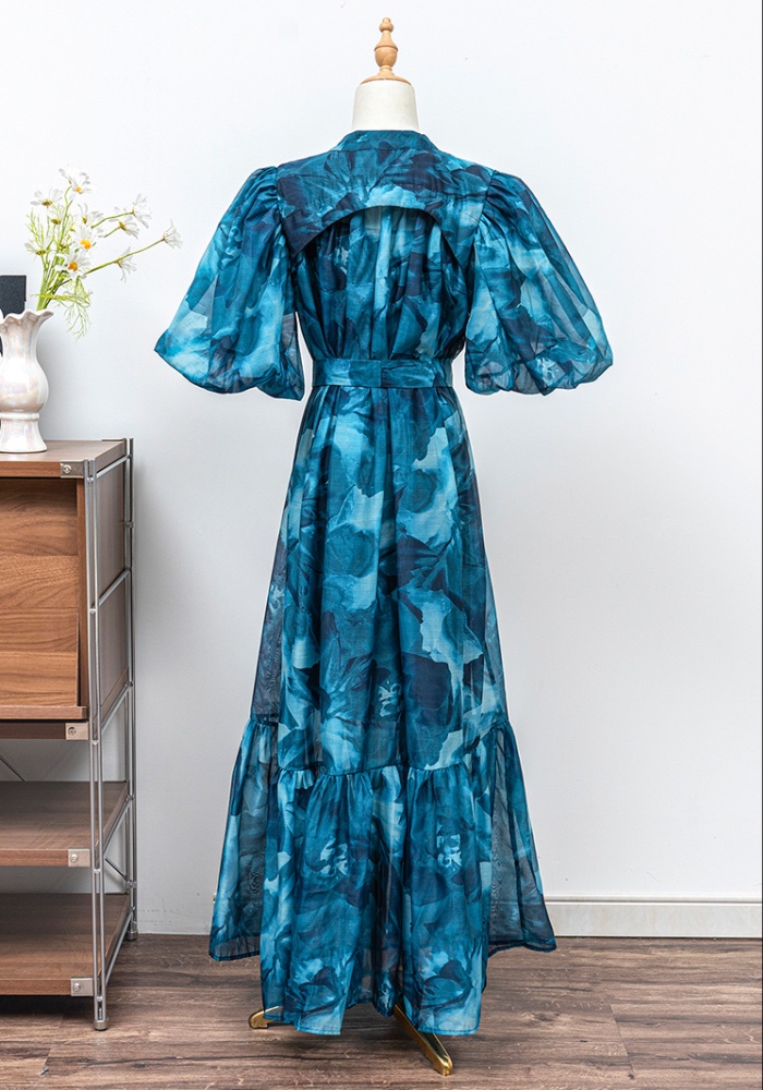 Puff sleeve all-match shirt lengthen long dress for women
