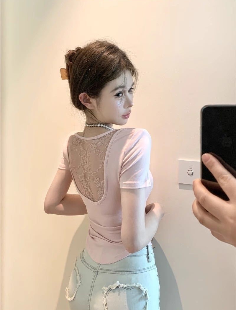 With chest pad slim back cross square collar summer T-shirt