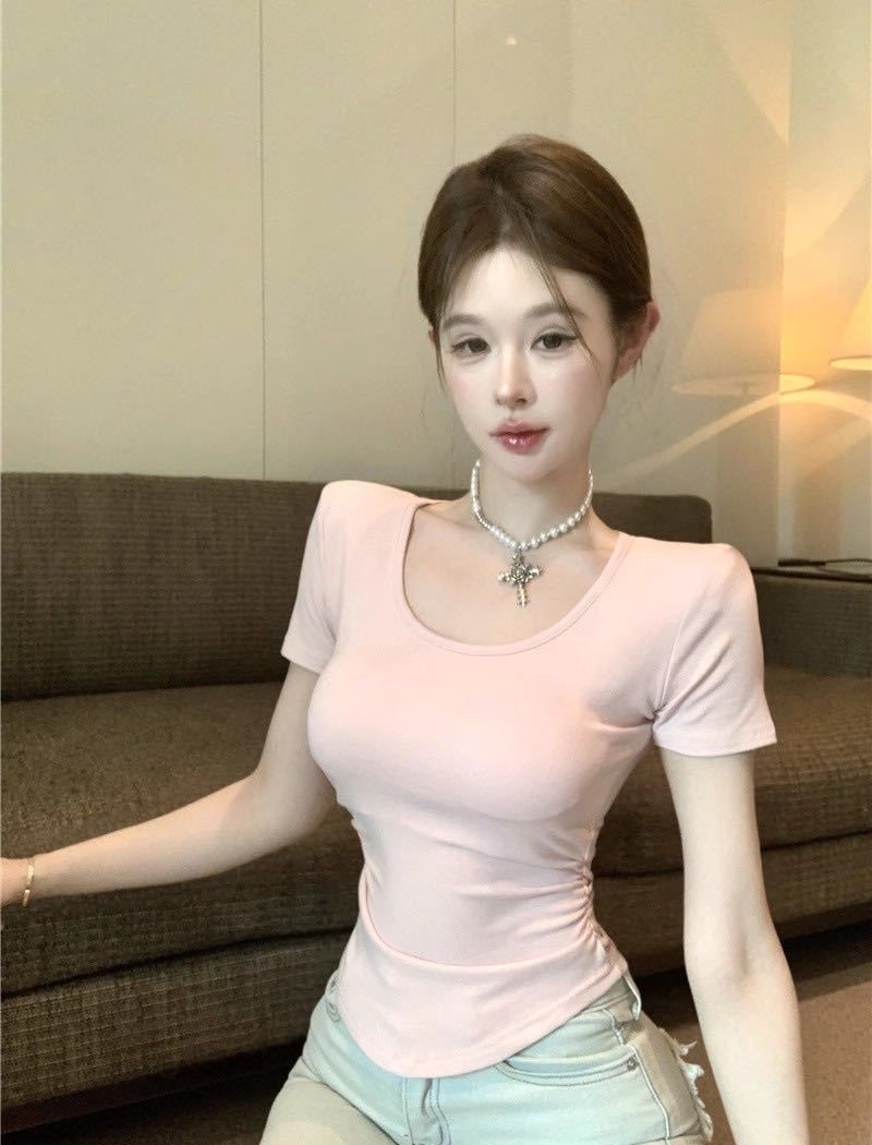 With chest pad slim back cross square collar summer T-shirt