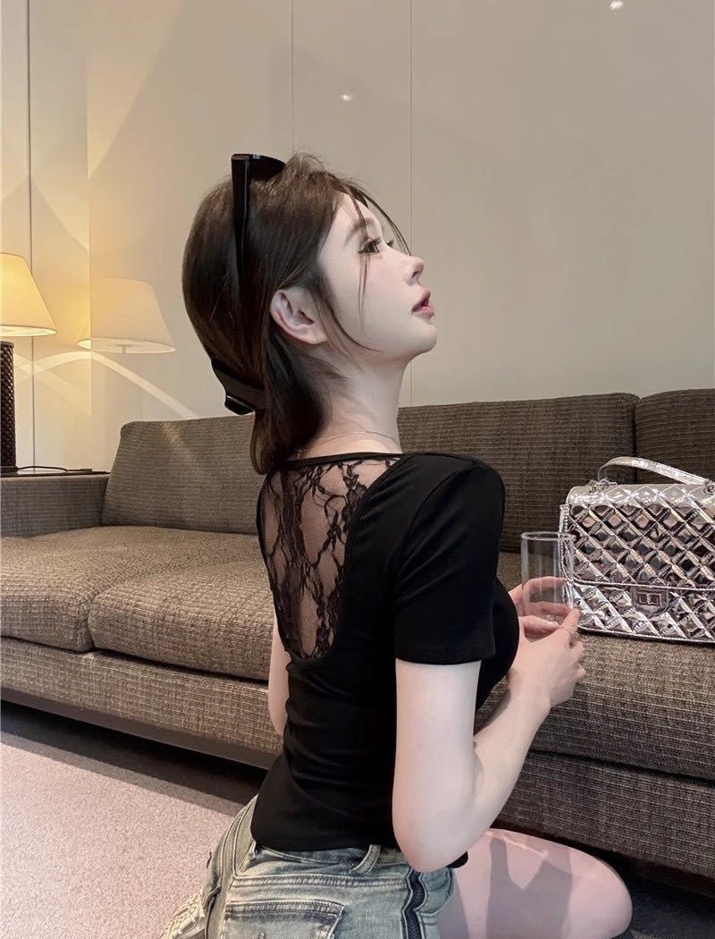 With chest pad slim back cross square collar summer T-shirt
