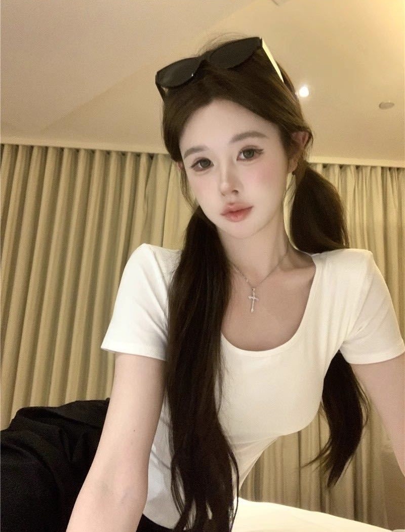 With chest pad slim back cross square collar summer T-shirt