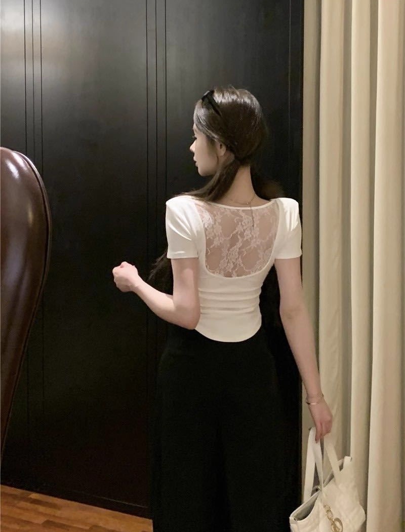 With chest pad slim back cross square collar summer T-shirt
