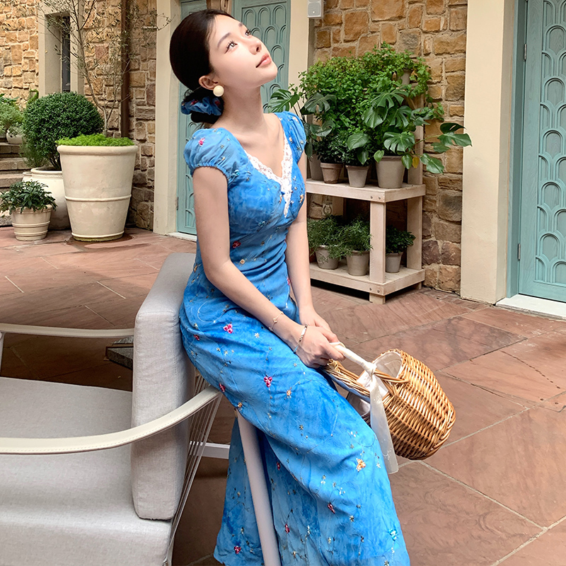Tie dye short sleeve dress blue long dress for women