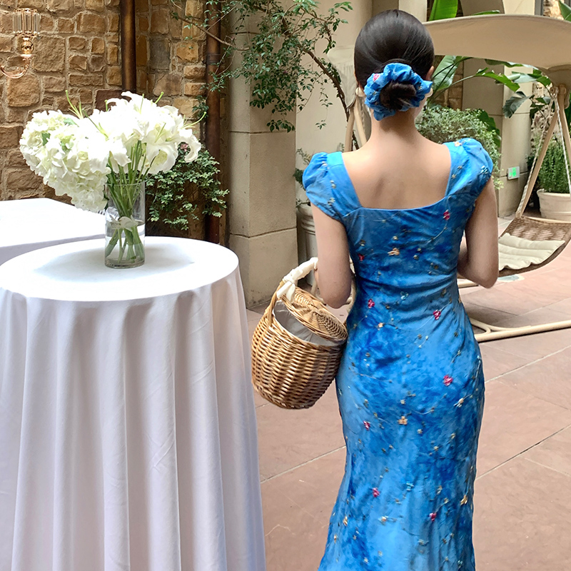 Tie dye short sleeve dress blue long dress for women