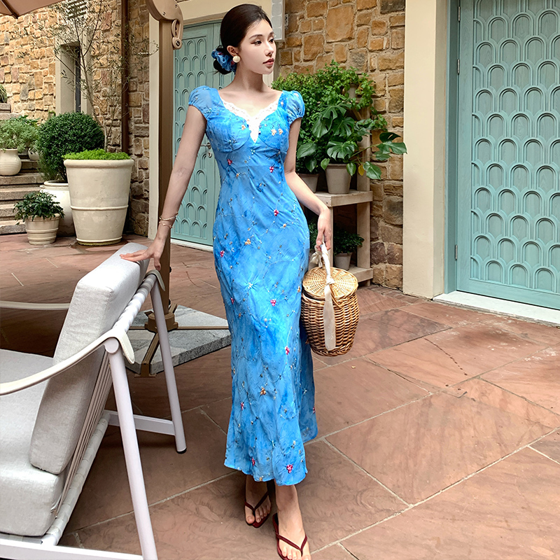Tie dye short sleeve dress blue long dress for women