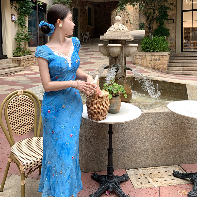 Tie dye short sleeve dress blue long dress for women