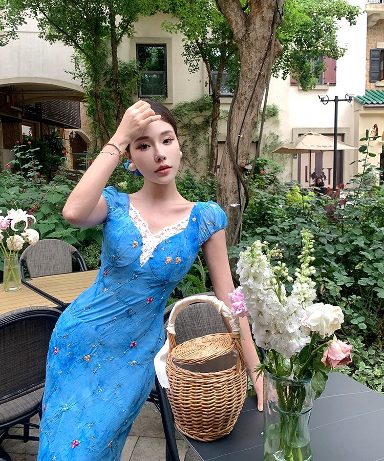 Tie dye short sleeve dress blue long dress for women