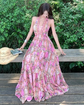 Printing halter long dress summer big skirt jumpsuit
