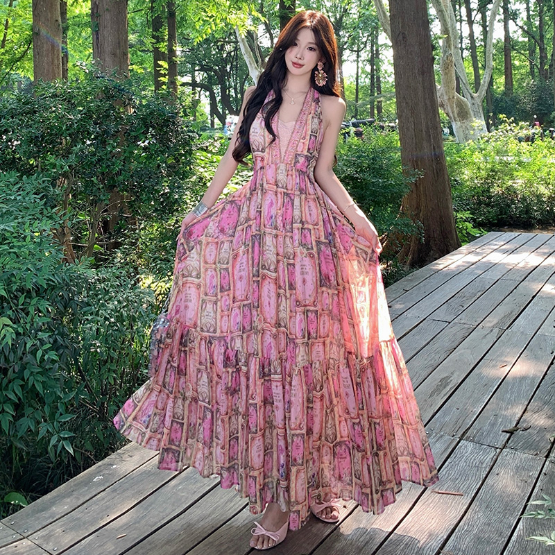 Printing halter long dress summer big skirt jumpsuit