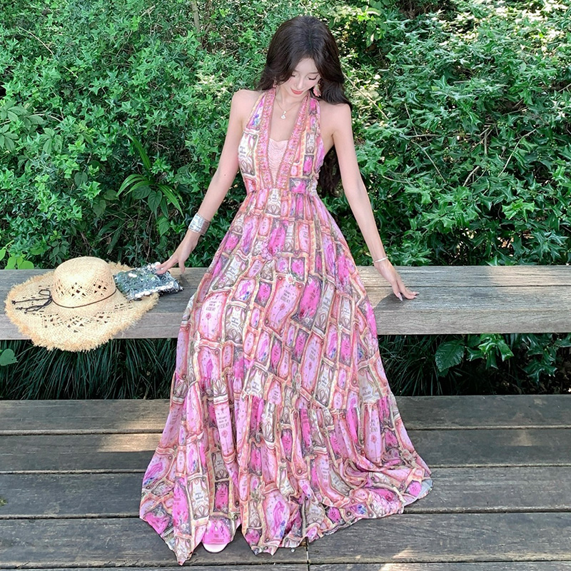 Printing halter long dress summer big skirt jumpsuit