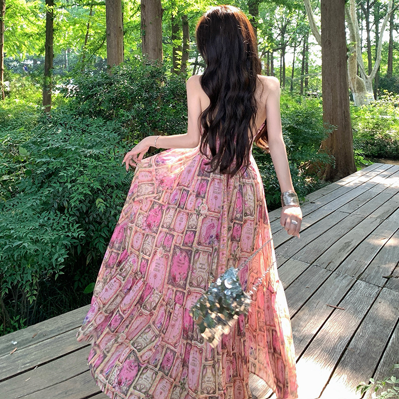 Printing halter long dress summer big skirt jumpsuit