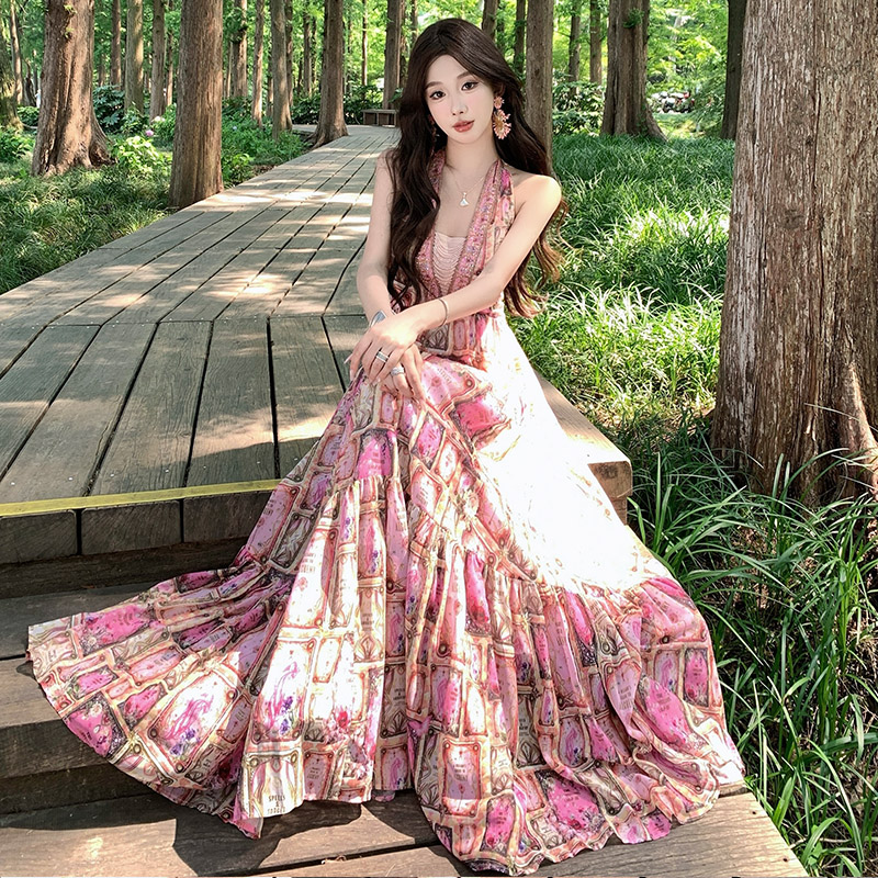 Printing halter long dress summer big skirt jumpsuit