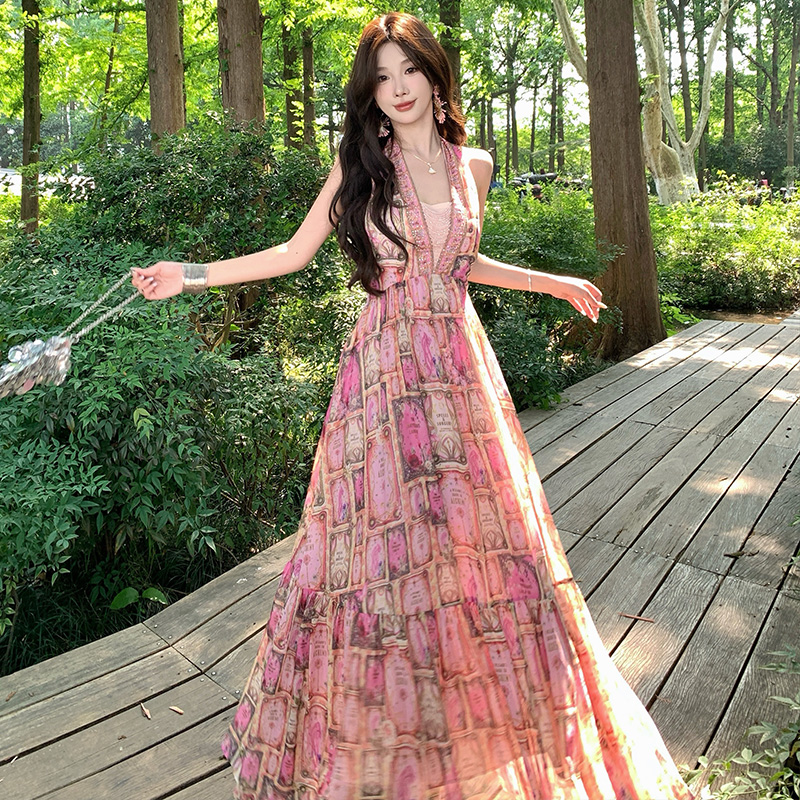 Printing halter long dress summer big skirt jumpsuit