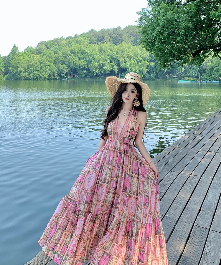Printing halter long dress summer big skirt jumpsuit