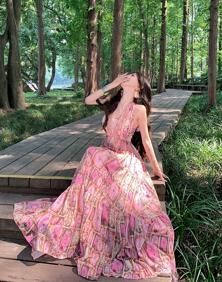 Printing halter long dress summer big skirt jumpsuit