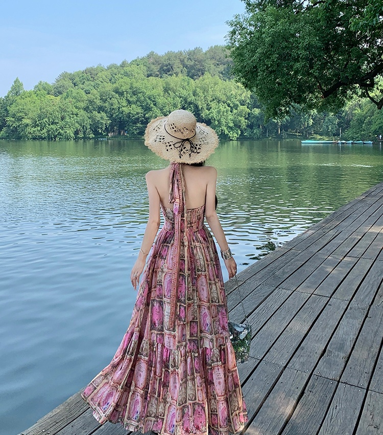 Printing halter long dress summer big skirt jumpsuit