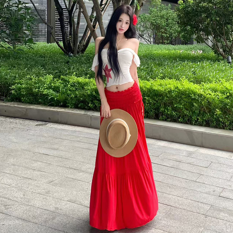 Wood ear flat shoulder tops chouzhe summer skirt a set