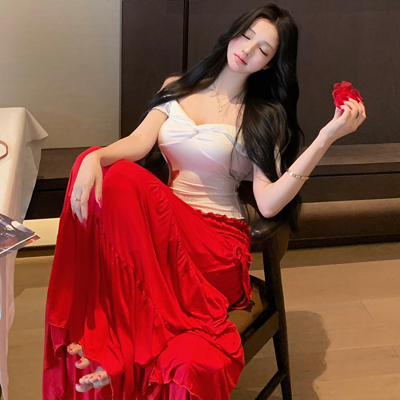 Wood ear flat shoulder tops chouzhe summer skirt a set