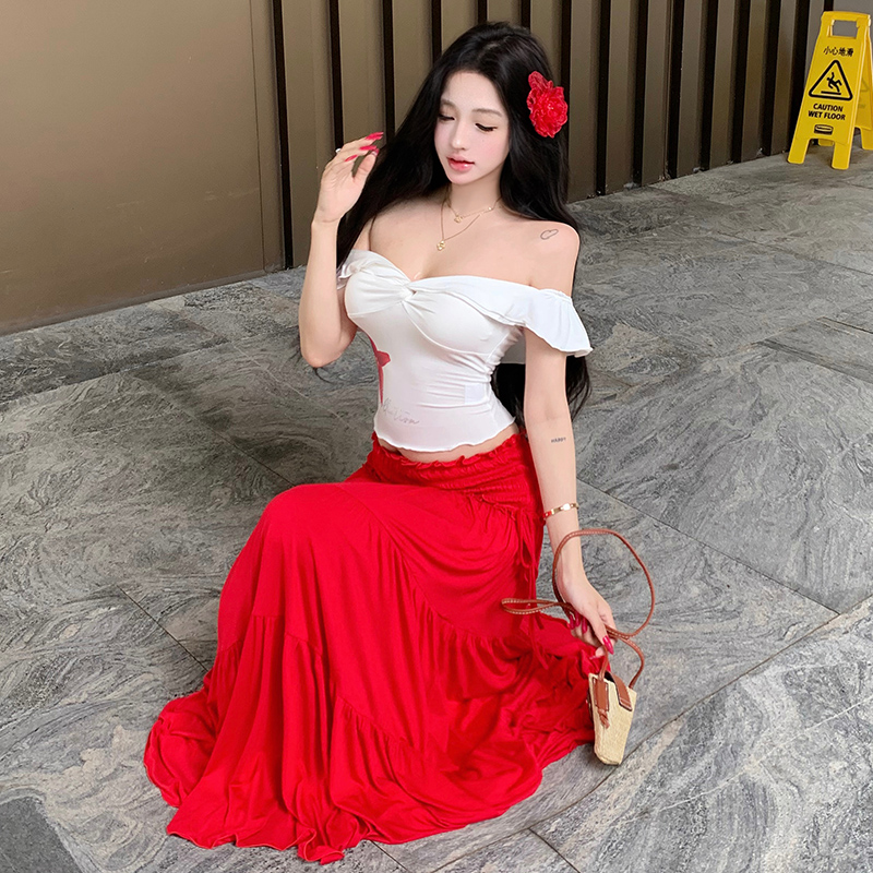 Wood ear flat shoulder tops chouzhe summer skirt a set