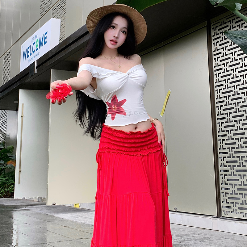 Wood ear flat shoulder tops chouzhe summer skirt a set