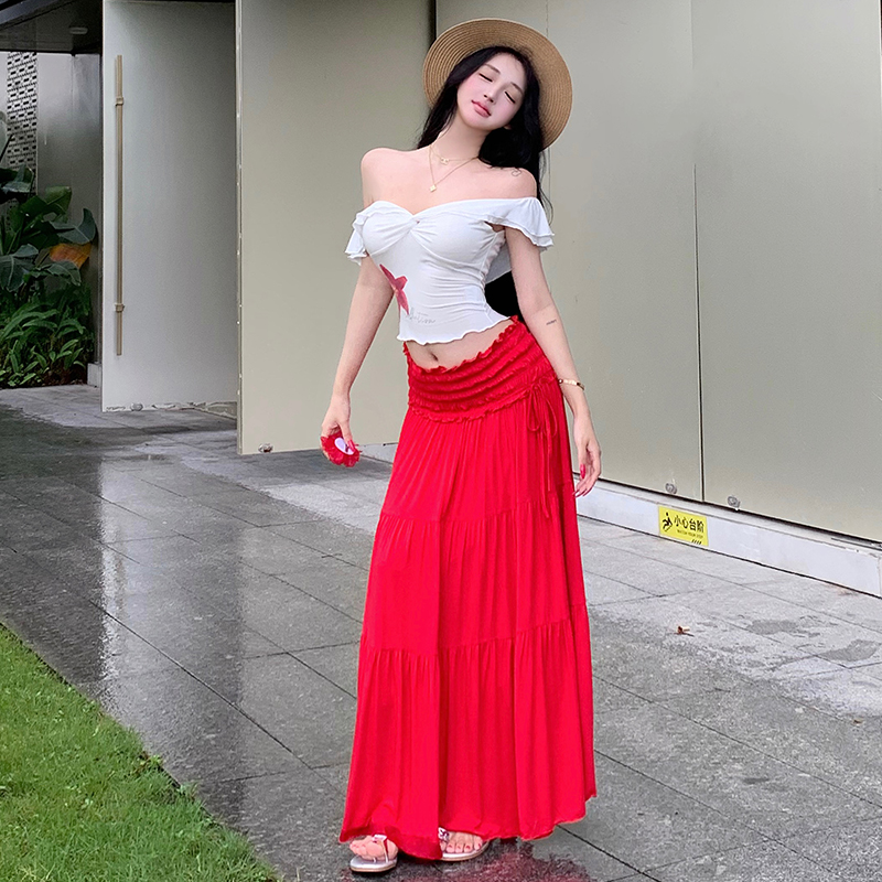 Wood ear flat shoulder tops chouzhe summer skirt a set