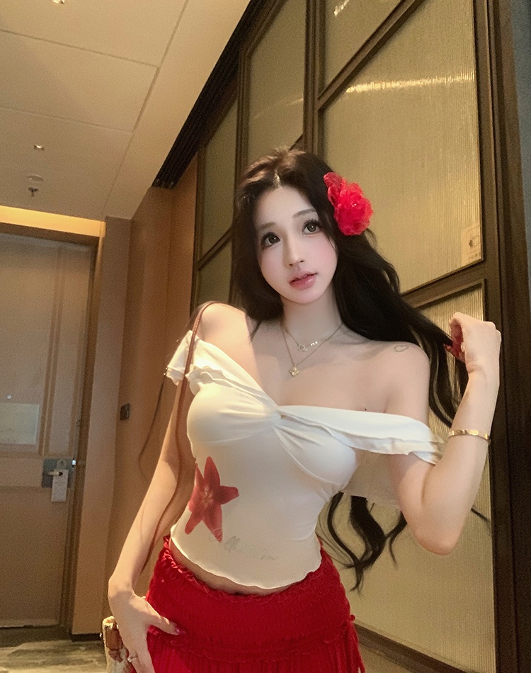 Wood ear flat shoulder tops chouzhe summer skirt a set