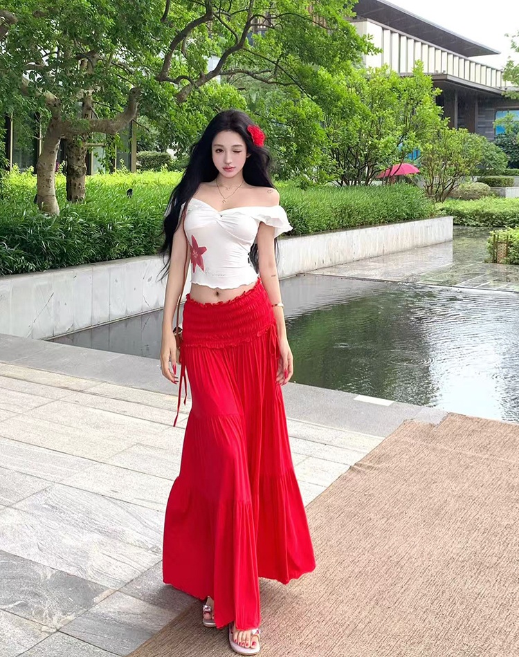 Wood ear flat shoulder tops chouzhe summer skirt a set