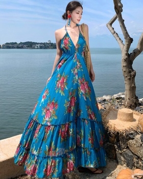 Summer seaside sandy beach dress floral blue long dress