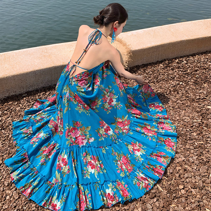 Summer seaside sandy beach dress floral blue long dress