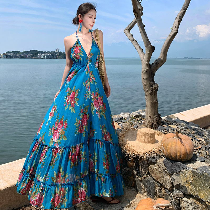 Summer seaside sandy beach dress floral blue long dress