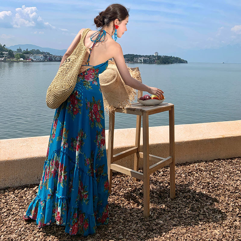 Summer seaside sandy beach dress floral blue long dress