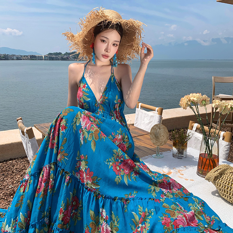 Summer seaside sandy beach dress floral blue long dress