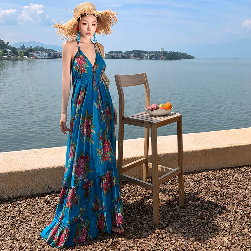 Summer seaside sandy beach dress floral blue long dress