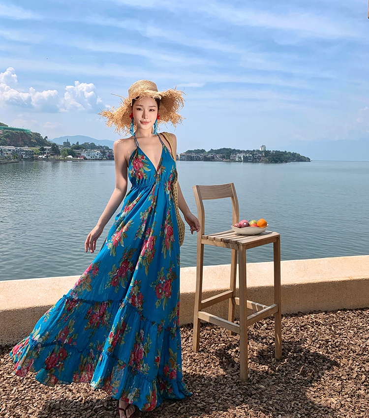 Summer seaside sandy beach dress floral blue long dress