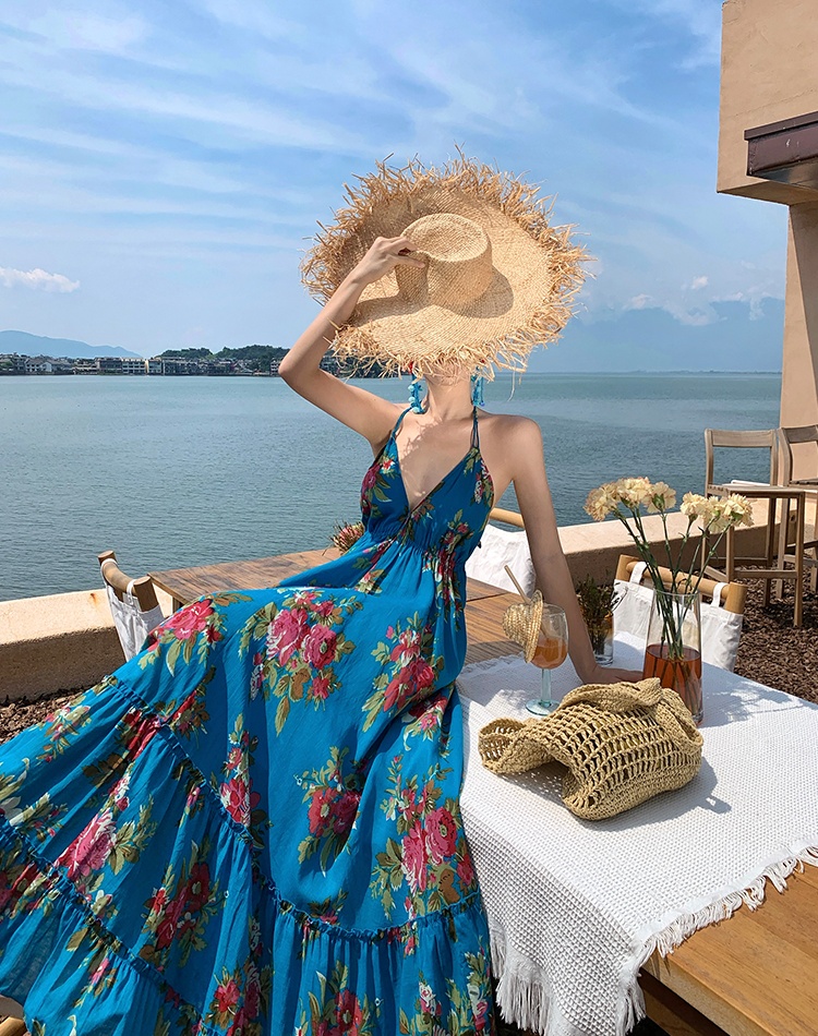Summer seaside sandy beach dress floral blue long dress