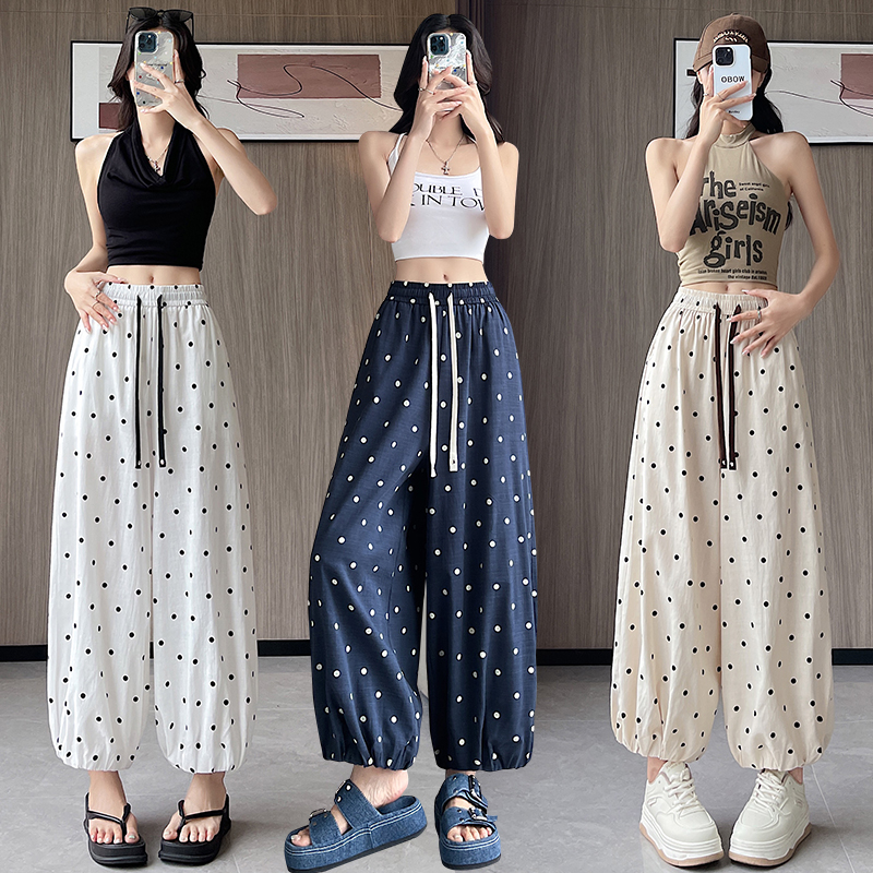 Polka dot ice silk wide leg bloomers summer loose nine pants